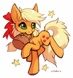 Size: 739x786 | Tagged: safe, artist:hioshiru, derpibooru import, applejack, earth pony, pony, basket, bow, cute, female, fluffy, hair bow, heart eyes, jackabetes, mare, missing accessory, simple background, solo, stars, white background, wingding eyes