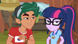 Size: 640x360 | Tagged: safe, derpibooru import, edit, edited screencap, screencap, sci-twi, timber spruce, twilight sparkle, equestria girls, legend of everfree, animated, eyebrow wiggle, faic, female, male, ponytail, sci-twi is not amused, shipping, straight, timbertwi