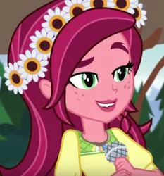 Size: 526x564 | Tagged: safe, derpibooru import, screencap, gloriosa daisy, equestria girls, legend of everfree, cropped, female, flower, flower in hair, freckles, geode of fauna, geode of shielding, geode of sugar bombs, geode of super speed, geode of super strength, lip bite, magical geodes