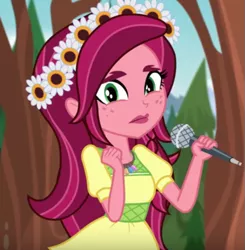 Size: 561x573 | Tagged: safe, derpibooru import, screencap, gloriosa daisy, equestria girls, legend of everfree, cropped, geode of sugar bombs, geode of super speed, geode of super strength, magical geodes, microphone