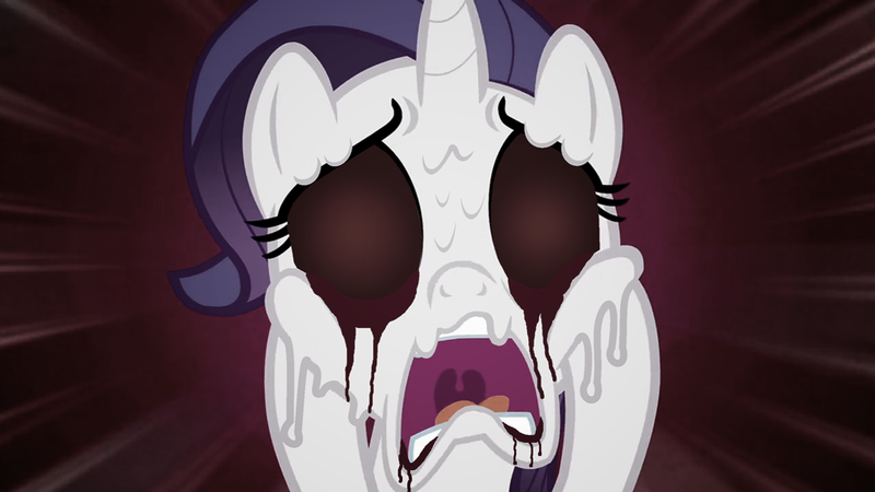 Size: 1280x720 | Tagged: blood, creepypasta, derpibooru import, edit, edited screencap, editor:ah96, grimdark, marshmallow pony, melting, nightmare fuel, open mouth, rarity, screaming, screencap, solo, the cart before the ponies, zalgo