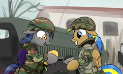 Size: 3000x1812 | Tagged: safe, artist:orang111, derpibooru import, oc, oc:echo, oc:rack redstar, unofficial characters only, bat pony, pegasus, pony, american flag, armor, bipedal, body armor, camouflage, car, cute, exchange, eyes on the prize, fangs, female, floppy ears, food, grin, happy, helmet, humvee, male, mango, mare, military, military bronies, military uniform, open mouth, parody, ration, requested art, russia, russian, smiling, squee, stallion, sunflower seeds, trading, united states, us army