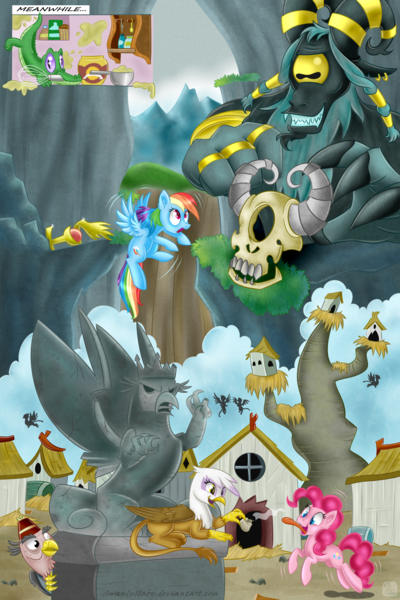 Size: 1000x1500 | Tagged: safe, artist:swanlullaby, derpibooru import, arimaspi, gilda, grampa gruff, gummy, king grover, pinkie pie, rainbow dash, gryphon, the lost treasure of griffonstone, abysmal abyss, arimaspi skull, backwards cutie mark, dead, flying, griffonstone, idol of boreas, open mouth, skull, statue, sugarcube corner, tongue out