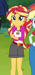 Size: 235x499 | Tagged: safe, derpibooru import, screencap, rainbow dash, sci-twi, sunset shimmer, twilight sparkle, equestria girls, legend of everfree, animated, camp everfree outfits, cropped, cute, female, offscreen character, shimmerbetes, smiling, solo focus, when she smiles