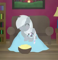 Size: 1111x1150 | Tagged: armchair, artist:unoriginai, blanket, blushing, cute, daaaaaaaaaaaw, derpibooru import, food, mother and daughter, popcorn, safe, silverbetes, silverspeed, silver spoon