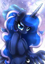 Size: 920x1300 | Tagged: safe, artist:joakaha, derpibooru import, princess luna, alicorn, pony, bedroom eyes, cute, female, floating heart, glowing horn, hair bow, heart, horn, looking at you, lunabetes, mare, remake, signature, solo, spread wings, wings