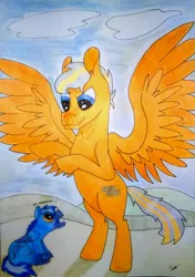 Size: 1533x2183 | Tagged: safe, artist:saxpony, derpibooru import, oc, oc:skaj, oc:steel wing, unofficial characters only, pony, giant pegasus, giant pony, macro, size difference, spread wings, traditional art