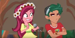 Size: 852x435 | Tagged: safe, derpibooru import, screencap, gloriosa daisy, timber spruce, equestria girls, legend of everfree, brother and sister, female, geode of sugar bombs, geode of super speed, magical geodes, male, timber spruce is not amused