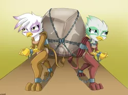 Size: 1141x849 | Tagged: suggestive, artist:gaggeddude32, derpibooru import, gilda, greta, tom, anthro, gryphon, ankle chain, ankle cuffs, bondage, bondage cuffs, bondage gear, boulder, chained, chains, clothes, commission, cuffs, female, fluffy, frown, glare, loincloth, midriff, pulling, shackles, shoulder fluff, slave, torn clothes