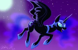 Size: 1024x669 | Tagged: safe, artist:wubcakeva, derpibooru import, nightmare moon, alicorn, pony, female, flying, glowing eyes, mare, moon, night, signature, sky, solo, stars