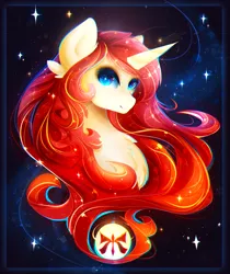 Size: 2333x2775 | Tagged: safe, artist:koveliana, derpibooru import, oc, oc:nazzy, unofficial characters only, pony, unicorn, bust, chest fluff, chromatic aberration, color porn, eye reflection, portrait, solo, stars