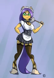 Size: 875x1250 | Tagged: safe, artist:overkenzie, derpibooru import, oc, oc:pumpkin lily, unofficial characters only, anthro, earth pony, unguligrade anthro, anthro oc, breasts, cleavage, clothes, duster, female, garters, green eyes, maid, neck bow, piercing, pleated skirt, skirt, solo, stockings, unshorn fetlocks