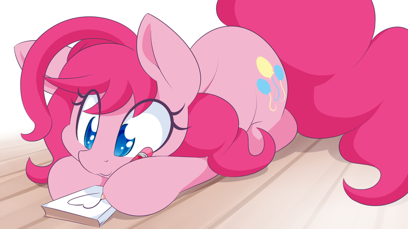 Size: 1920x1080 | Tagged: safe, artist:dshou, derpibooru import, pinkie pie, earth pony, pony, :3, alternate hairstyle, colored pupils, crush, cute, diapinkes, diary, eye clipping through hair, female, heart, hoof hold, mare, notepad, pencil, solo, yet another pinkie blog