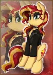 Size: 2480x3508 | Tagged: safe, artist:meze-diapason, derpibooru import, sunset shimmer, pony, equestria girls, choker, clothes, cute, jewelry, necklace, pendant, punk, signature, sitting, smiling, solo, spiked choker, zoom layer