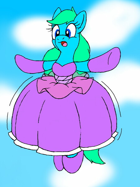 Size: 960x1280 | Tagged: artist:dashingjack, clothes, crossdressing, derpibooru import, dress, falling, oc, oc:brainstorm, parachute, paraskirt, poof, safe, unofficial characters only