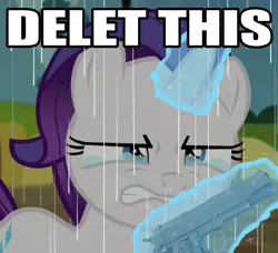 Size: 572x521 | Tagged: crying, delet this, derpibooru import, edit, edited screencap, filly, filly rarity, gun, handgun, image macro, levitation, m1911, magic, meme, rain, rarity, reaction image, safe, screencap, solo, telekinesis, the cart before the ponies, weapon