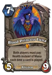 Size: 400x573 | Tagged: safe, artist:dracojayproduct, derpibooru import, princess luna, alicorn, pony, comic:lunar isolation, card, crossover, hearthstone, legendary, solo, trading card, trading card game, warcraft