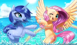 Size: 1271x750 | Tagged: safe, artist:racoonsan, derpibooru import, fluttershy, oc, pegasus, pony, unicorn, cloud, commission, cute, duo, female, mare, ocean, one eye closed, open mouth, playing, rainbow, shyabetes, sky, smiling, splashing, sun, water