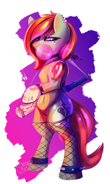 Size: 540x900 | Tagged: safe, artist:tangomangoes, derpibooru import, oc, oc:tango, unofficial characters only, pony, baseball bat, belly button, bipedal, bubblegum, fishnets, food, gum, piercing, suicide squad, tattoo