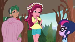 Size: 1280x720 | Tagged: safe, derpibooru import, screencap, fluttershy, gloriosa daisy, sci-twi, timber spruce, twilight sparkle, equestria girls, legend of everfree, camp everfree outfits, clothes, cute, daisybetes, female, legs, magical geodes, male