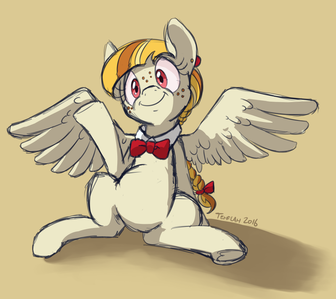 Size: 900x800 | Tagged: safe, artist:tehflah, derpibooru import, oc, oc:high note, unofficial characters only, pegasus, pony, bowtie, cute, ginger, redhead, sitting, solo