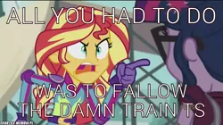 Size: 700x393 | Tagged: safe, derpibooru import, edit, edited screencap, screencap, sci-twi, sunset shimmer, twilight sparkle, equestria girls, friendship games, caption, engrish, follow the damn train, grand theft auto, gta san andreas, meme, sunset yells at twilight