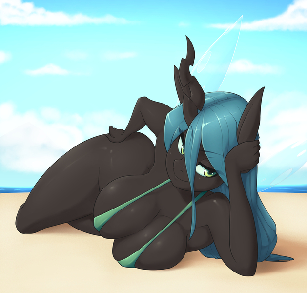 Size: 1500x1430 | Tagged: questionable, artist:skecchiart, derpibooru import, queen chrysalis, anthro, changeling, changeling queen, absolute cleavage, armpits, beach, bedroom eyes, big breasts, bikini, bottomless, breasts, busty queen chrysalis, cleavage, clothes, female, hand on hip, looking at you, micro bikini, ocean, partial nudity, sand, seductive look, seductive pose, sexy, side, sling bikini, solo, solo female, summer, swimsuit