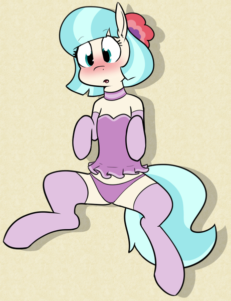 Size: 659x858 | Tagged: suggestive, artist:whatsapokemon, derpibooru import, coco pommel, earth pony, pony, semi-anthro, blushing, clothes, female, mare, on back, panties, solo, solo female, stockings, thigh highs, underwear