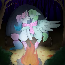 Size: 1024x1024 | Tagged: artist:neonblaze909, campfire, camping, clothes, derpibooru import, female, forest, kissing, male, night, oc, oc:dream catcher, oc:short circuit, safe, scarf, shared clothing, shared scarf, shipping, socks, straight, striped socks, unofficial characters only