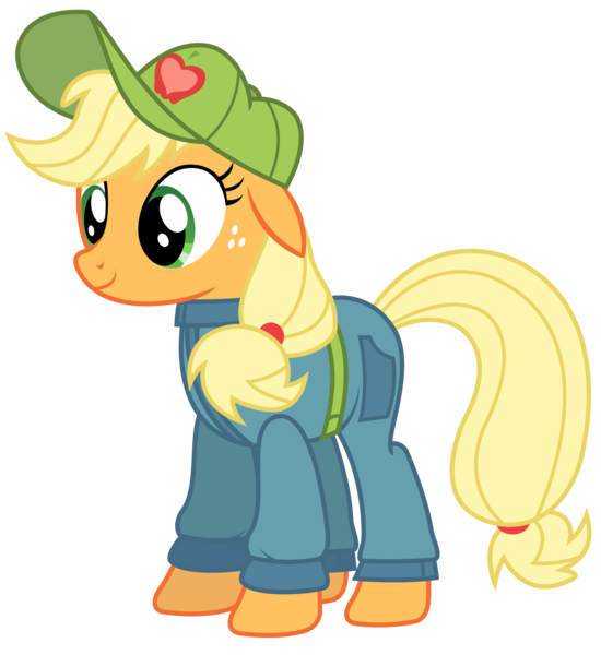 Size: 2166x2363 | Tagged: applejack, artist:sketchmcreations, clothes, coveralls, derpibooru import, floppy ears, hat, jumpsuit, safe, simple background, solo, the cart before the ponies, transparent background, vector