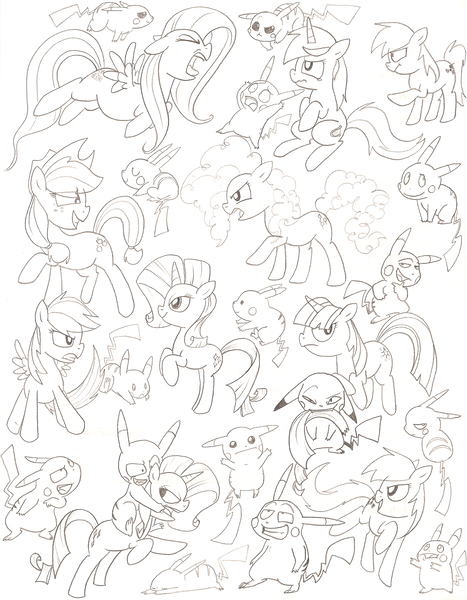 Size: 1685x2165 | Tagged: applejack, artist:nukeleer, derpibooru import, fluttershy, lyra heartstrings, mane six, monochrome, oc, pikachu, pinkie pie, pokémon, rainbow dash, rarity, safe, sketch, smug, traditional art, twilight sparkle