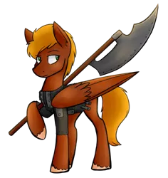 Size: 869x919 | Tagged: safe, artist:bluebrush09, deleted from derpibooru, derpibooru import, oc, oc:chinook, unofficial characters only, pegasus, pony, armor, bardiche, male, simple background, solo, stallion, weapon