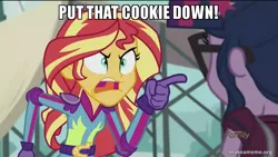 Size: 800x450 | Tagged: safe, derpibooru import, edit, edited screencap, screencap, sci-twi, sunset shimmer, twilight sparkle, equestria girls, friendship games, arnold schwarzenegger, caption, image macro, jingle all the way, meme, sunset yells at twilight