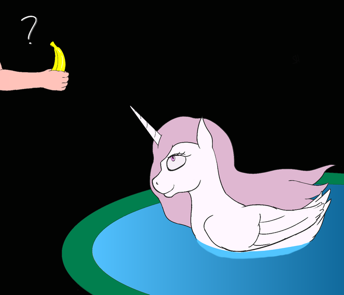 Size: 1400x1200 | Tagged: safe, artist:stoopedhooy, derpibooru import, princess celestia, alicorn, duck pony, human, pony, princess molestia, banana, food, hand, offscreen character, question mark, swanlestia, swimming, water