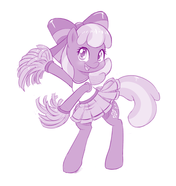 Size: 949x1000 | Tagged: safe, artist:dstears, derpibooru import, cheerilee, earth pony, pony, the cart before the ponies, bipedal, cheeribetes, cheerileeder, cheerleader, clothes, cute, female, hair bow, looking at you, mare, monochrome, pleated skirt, pom pom, skirt, skirt lift, solo