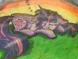 Size: 1803x1380 | Tagged: safe, artist:snowfoxythefox, derpibooru import, twilight sparkle, twilight sparkle (alicorn), alicorn, pony, colored, colored pencil drawing, colored sketch, cute, eyes closed, floppy ears, grass, pencil, pencil drawing, sleeping, sleepy, smiling, solo, sunset, traditional art, zzz