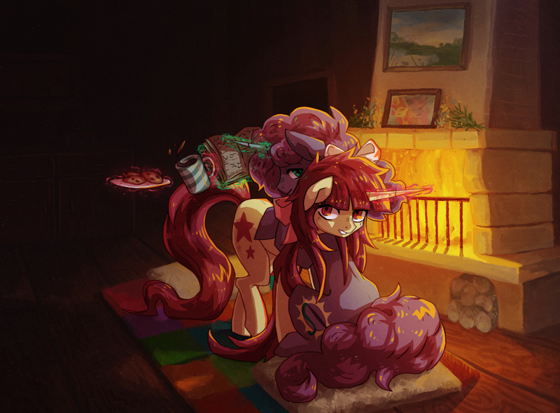 Size: 1710x1261 | Tagged: artist:koviry, beverage, book, commission, cookie, cup, derpibooru import, duo, femboy, fireplace, food, hug, magic, male, oc, oc:seren, oc:seren song, rug, safe, unofficial characters only