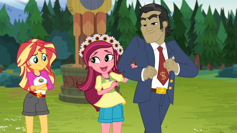 Size: 1920x1080 | Tagged: safe, derpibooru import, screencap, filthy rich, gloriosa daisy, sunset shimmer, equestria girls, legend of everfree, cute, daisybetes, flower, flower in hair, freckles, geode of fauna, geode of shielding, geode of sugar bombs, geode of super speed, geode of super strength, magical geodes