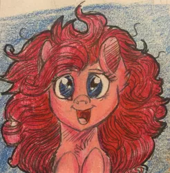 Size: 2045x2079 | Tagged: alternate hairstyle, artist:snowfoxythefox, colored, colored pencil drawing, colored sketch, curly hair, cute, derpibooru import, happy, pencil, pencil drawing, pinkie pie, safe, simple background, smiling, solo, traditional art