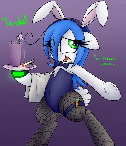 Size: 1100x1280 | Tagged: questionable, artist:datte-before-dawn, derpibooru import, oc, oc:mal, unofficial characters only, belly button, bowtie, bunny ears, bunny suit, bunny tail, cameltoe, carrot, chest fluff, cigarette, clop artist training grounds, clothes, cocktail umbrella, fishnets, food, garter, leotard, pantyhose, playboy bunny, solo