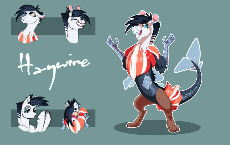 Size: 3537x2235 | Tagged: safe, artist:vindhov, derpibooru import, oc, oc:haywire, unofficial characters only, draconequus, hybrid, pony, draconequus oc, female, interspecies offspring, mare, offspring, parent:discord, parent:rainbow dash, parents:discodash, simple background, solo, tail fin, teal background