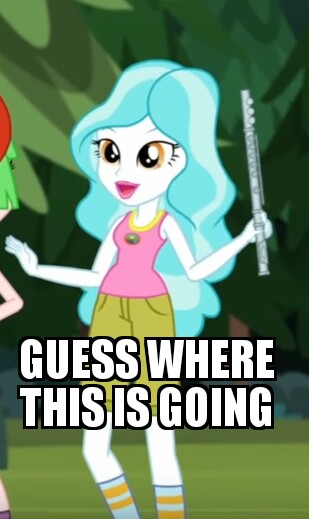 Size: 309x519 | Tagged: suggestive, derpibooru import, edit, edited screencap, screencap, drama letter, paisley, watermelody, equestria girls, legend of everfree, american pie, background human, caption, female, flute, image macro, implied insertion, lips, meme, musical instrument