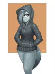 Size: 2000x2667 | Tagged: safe, artist:burgerkiss, derpibooru import, marble pie, anthro, earth pony, abstract background, bottomless, clothes, cute, female, hands in pockets, hoodie, marblebetes, partial nudity, smiling, solo