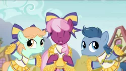 Size: 1280x720 | Tagged: safe, derpibooru import, edit, edited screencap, screencap, cheerilee, peach fuzz, perky prep, pony, the cart before the ponies, bipedal, cheeribetes, cheerileeder, cheerleader, cheerleader outfit, clothes, crossdressing, cute, diapeaches, eyes closed, foal, hair bow, pleated skirt, skirt, trio