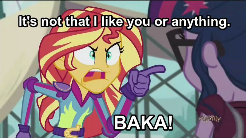 Size: 1113x626 | Tagged: safe, derpibooru import, edit, edited screencap, screencap, sci-twi, sunset shimmer, twilight sparkle, equestria girls, baka, caption, image macro, implied sunsetsparkle, meme, sunset yells at twilight, tsundere, tsunset shimmer