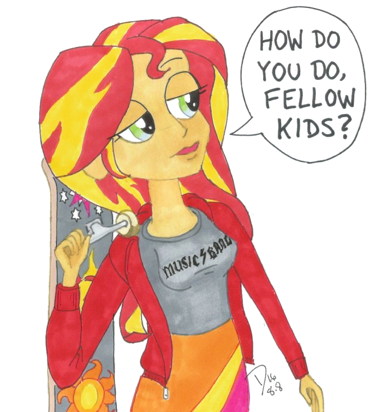 Size: 373x412 | Tagged: safe, artist:dvandom, derpibooru import, sunset shimmer, equestria girls, 30 rock, blackletter, clothes, how do you do fellow kids, jacket, simple background, skateboard, skirt, solo, speech bubble, steve buscemi, traditional art, white background