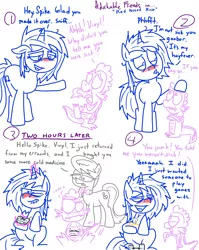 Size: 1280x1611 | Tagged: safe, artist:adorkabletwilightandfriends, derpibooru import, octavia melody, spike, vinyl scratch, pony, comic:adorkable twilight and friends, adorkable, adorkable friends, cold, comic, cute, dork, flu, lies, lineart, red nosed, sick, simple background, slice of life, tavi, video game