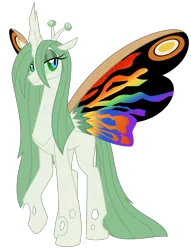 Size: 934x1224 | Tagged: artist:faith-wolff, butterfly wings, changeling, changelingified, changeling queen, colored sclera, colored wings, derpibooru import, fanfic:the bridge, kaiju, mothra, mothra lea, multicolored wings, rainbow wings, raised hoof, safe, simple background, solo, species swap, transparent background