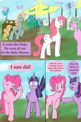 Size: 1000x1510 | Tagged: safe, artist:emilou1985, derpibooru import, pinkie pie, twilight sparkle, twilight sparkle (alicorn), oc, alicorn, pony, comic:signs, alternate universe, baby shower, comic, pregnant, surprised