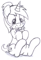 Size: 1499x2148 | Tagged: safe, artist:an-tonio, derpibooru import, oc, oc:silver draw, unofficial characters only, pony, unicorn, chocolate, chocolate bar, food, freckles, grayscale, holding, monochrome, ponytail, simple background, sitting, solo, traditional art